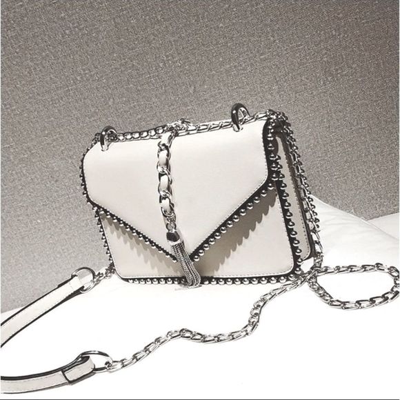 Chain & Tassel Beaded Edge Crossbody (White) - Picture 1 of 5